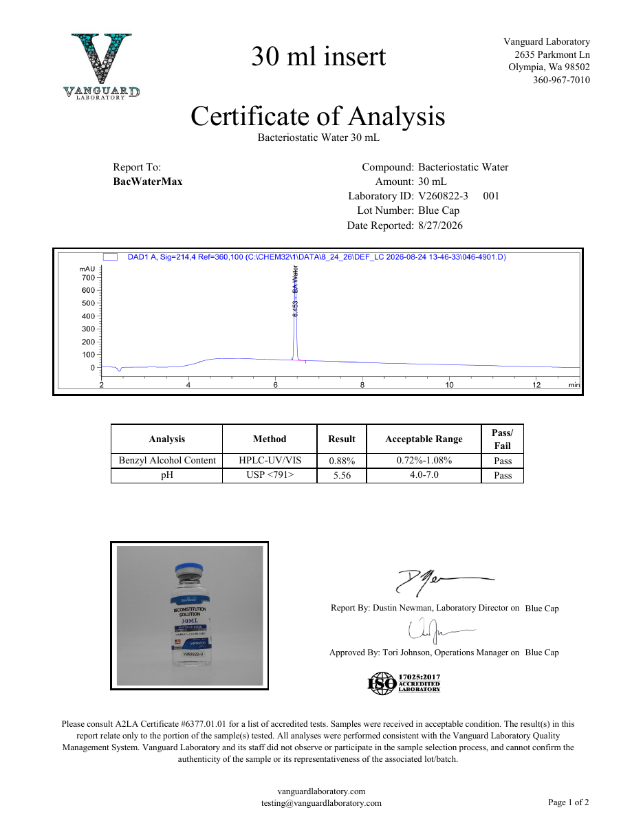 30ml Bacteriostatic Water COA